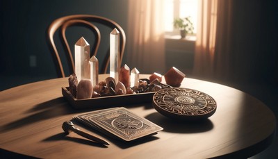 A photo-realistic image featuring a wooden table with traditional symbolic tools for manifestation: gleaming crystals, intricately carved runes, and a spread of detailed Tarot cards. The items are set against a soft-focus, peaceful room background with soft, warm lighting that highlights the tools and casts gentle shadows, evoking depth and contemplation. This scene visually represents the balance between using symbolic tools and acknowledging a spectrum of emotions in the Law of Attraction. A photo-realistic image featuring a wooden table with traditional symbolic tools for manifestation: gleaming crystals, intricately carved runes, and a spread of detailed Tarot cards. The items are set against a soft-focus, peaceful room background with soft, warm lighting that highlights the tools and casts gentle shadows, evoking depth and contemplation. This scene visually represents the balance between using symbolic tools and acknowledging a spectrum of emotions in the Law of Attraction.