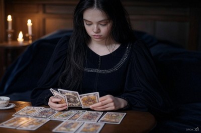 A young woman dressed in black seated at a table, thoughtfully reading tarot cards spread out before her, with glowing candles in the background creating a mystical atmosphere. A young woman dressed in black seated at a table, thoughtfully reading tarot cards spread out before her, with glowing candles in the background creating a mystical atmosphere.