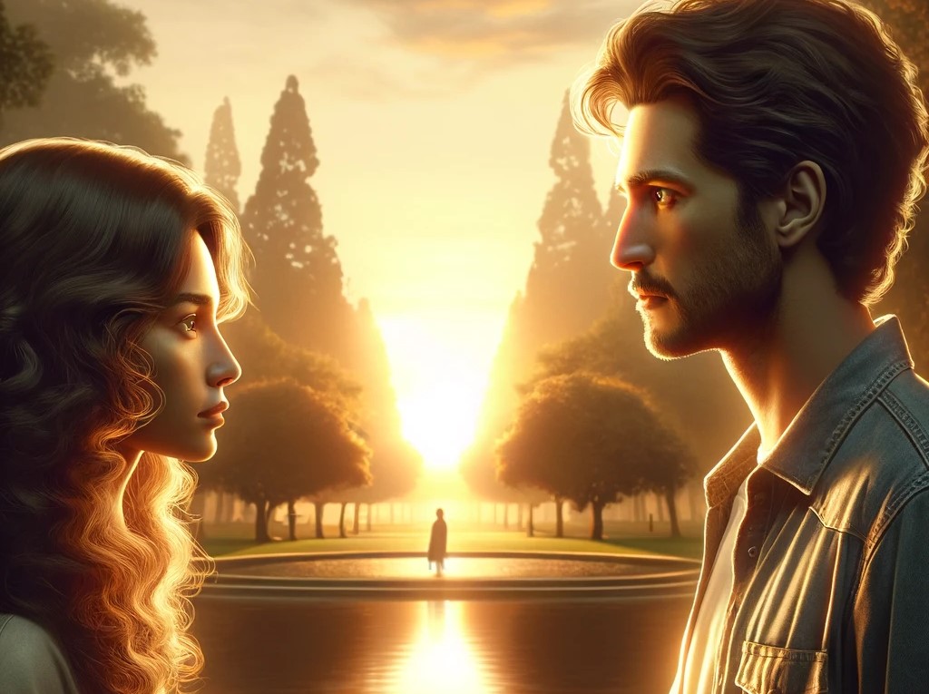 A man and woman face each other with a bright sun behind them.