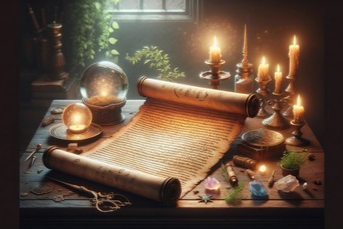 Photo-realistic depiction of an Ultimate Spell with an ancient scroll, glowing inscriptions, a flickering candle, a crystal ball, and magical herbs on a wooden table, symbolizing powerful and mystical enchantment.