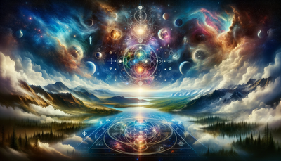 Image depicting the Universal Law of Correspondences. The upper half showcases celestial landscapes with stars, planets, and ethereal lights, symbolizing the heavenly realm. The lower halves mirror these with vibrant earthly scenes of mountains, forests, and rivers, representing the earthly realm. Symbols and lines connect these realms, illustrating the interconnectedness and reflection between the macrocosm and microcosm, in a harmonious composition that embodies balance, unity, and the mystical principle of the universe's coherence. Image depicting the Universal Law of Correspondences. The upper half showcases celestial landscapes with stars, planets, and ethereal lights, symbolizing the heavenly realm. The lower halves mirror these with vibrant earthly scenes of mountains, forests, and rivers, representing the earthly realm. Symbols and lines connect these realms, illustrating the interconnectedness and reflection between the macrocosm and microcosm, in a harmonious composition that embodies balance, unity, and the mystical principle of the universe's coherence.