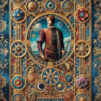 An artistic depiction inspired by the Visconti-Sforza Tarot, featuring a richly detailed Major Arcana card. The card showcases a figure in ornate Renaissance attire surrounded by intricate gold filigree and celestial elements, including stars and moons. The deep blue background enhances the regal and mystical atmosphere, reflecting the grandeur of 15th-century Italian art.