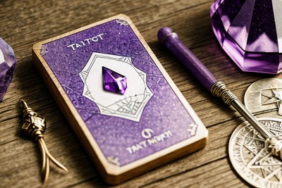 Ancient tarot card, amethyst crystal and wand on a table