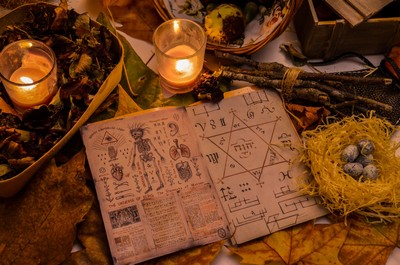 Witchcraft Spell book open on a table.