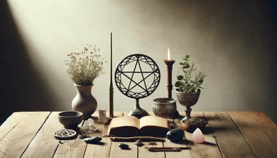 A serene display of traditional witchcraft tools including a pentacle, wand, chalice, book of shadows, and an assortment of herbs and crystals, arranged on a rustic wooden table, highlighted by soft, natural light to enhance the mystical atmosphere. A serene display of traditional witchcraft tools including a pentacle, wand, chalice, book of shadows, and an assortment of herbs and crystals, arranged on a rustic wooden table, highlighted by soft, natural light to enhance the mystical atmosphere.