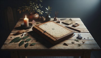 image of a rustic wooden table with an open leather-bound journal filled with handwritten notes and symbols, accompanied by natural elements like leaves, a small crystal, and a candle, set in a dimly lit room suggesting a quiet space for magic and meditation. image of a rustic wooden table with an open leather-bound journal filled with handwritten notes and symbols, accompanied by natural elements like leaves, a small crystal, and a candle, set in a dimly lit room suggesting a quiet space for magic and meditation.