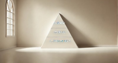 A minimalist, photo-realistic image of the Witches' Pyramid, representing the Four Pillars of the Witch. The pyramid has a clean, geometric design with each corner labeled with the words "To Know," "To Will," "To Dare," and "To Keep Silent." The background is neutral, and the lighting is soft, creating a serene and symbolic atmosphere.