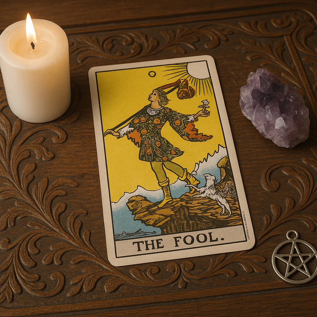 Single Tarot card and candle used in Alizon's mini tarot readings