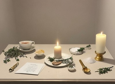 Table with various ingredients and correspondeces for a Mabon Spell