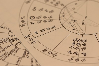 Close up of a section of an astrological chart with various symbols and numbers.