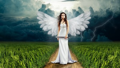 A person in a white dress and angel wings holding a sword