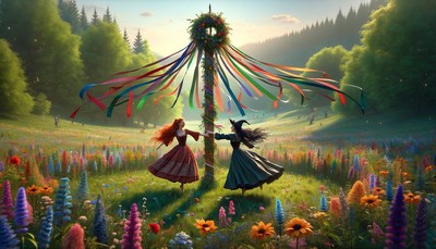 Image of a lush green meadow during spring, with two young female witches, one redhead and one with black hair, dancing around a festively decorated Maypole with multicolored ribbons, celebrating the Festival of Beltane.