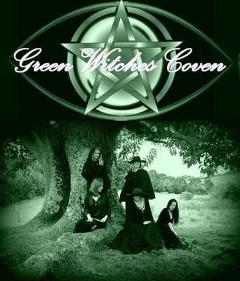 A monochromatic green scene with four individuals in dark clothing, gathered around a large tree. A pentagram symbol is overlaid at the top center, and the text “Green Witches Coven” is displayed in an elegant font across it. The setting appears to be outdoors, with grass and trees visible under a clear sky. The overall tone of the image suggests a theme related to nature and possibly witchcraft or a spiritual group.