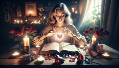 In a warmly lit room, an attractive young person sits focused at a wooden table, casting a love spell. The table is adorned with symbols of love and magic, including red roses, heart-shaped crystals, and lit candles, creating a romantic ambiance. An open book of spells lies before them, with a page open to an elegantly unreadable love spell. A gentle glow emanates from their fingertips above the book and crystals, signifying the casting of the spell in a hopeful, enchanting atmosphere dedicated to the pursuit of love.