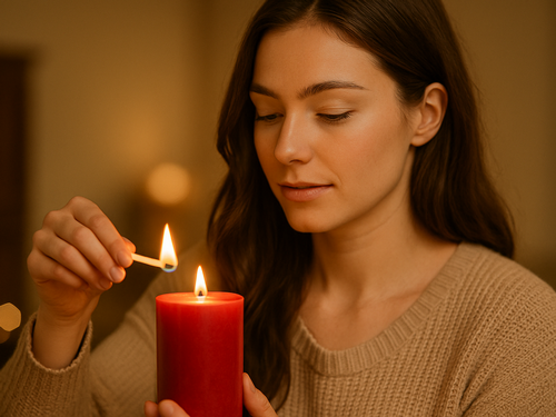 Young woman lighting a red pillar candle in a warm, softly lit room—ritual and intention-setting theme.
